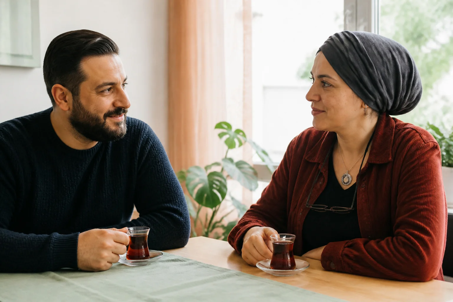 Bir psikolog ile genç bir kadın küçük bir masada iki fincan çayın başında rahat ve açık bir sohbet ediyor
