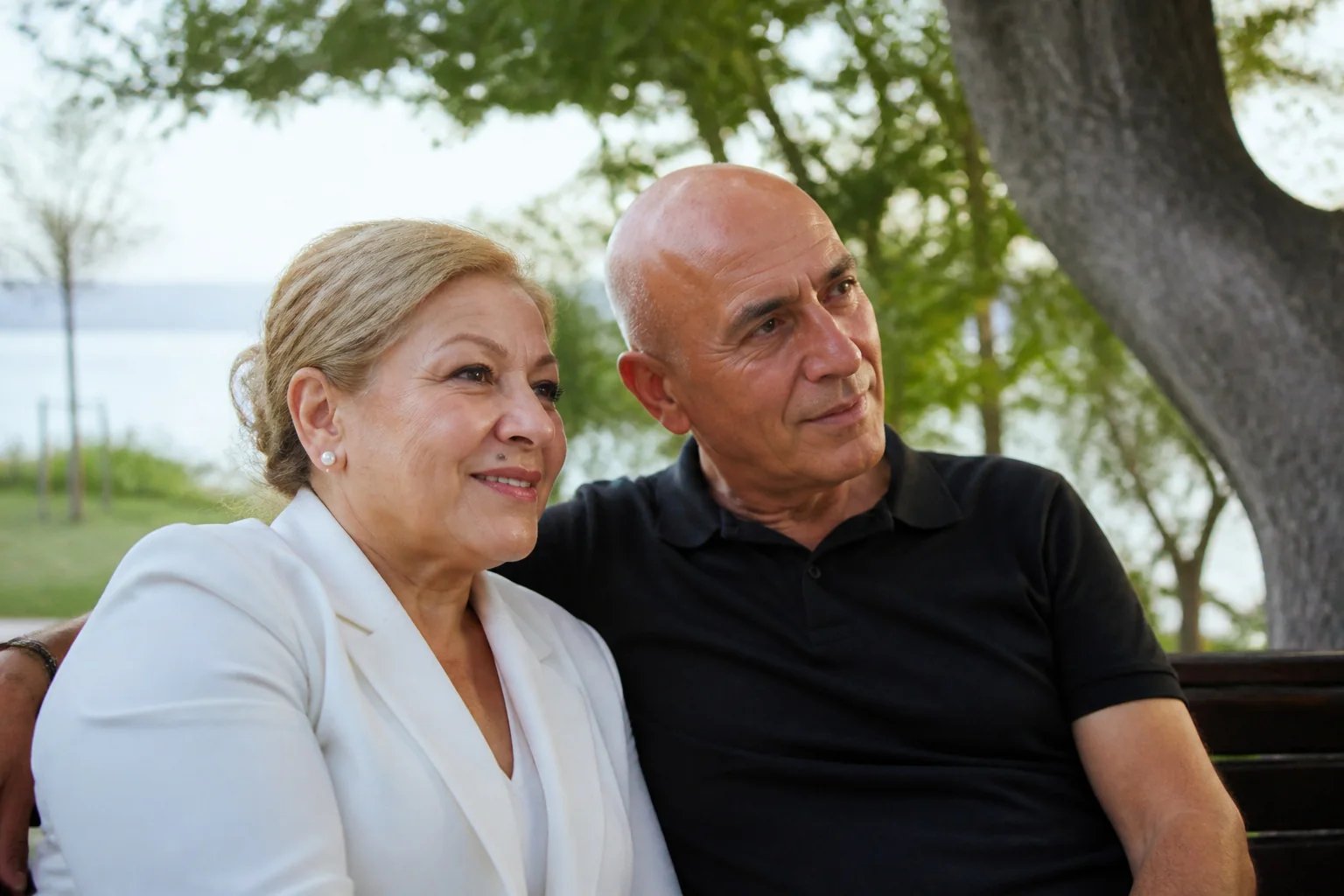 Parkta bir bankı paylaşan, omuzları birbirine değen yaşlı bir kadın ve adam