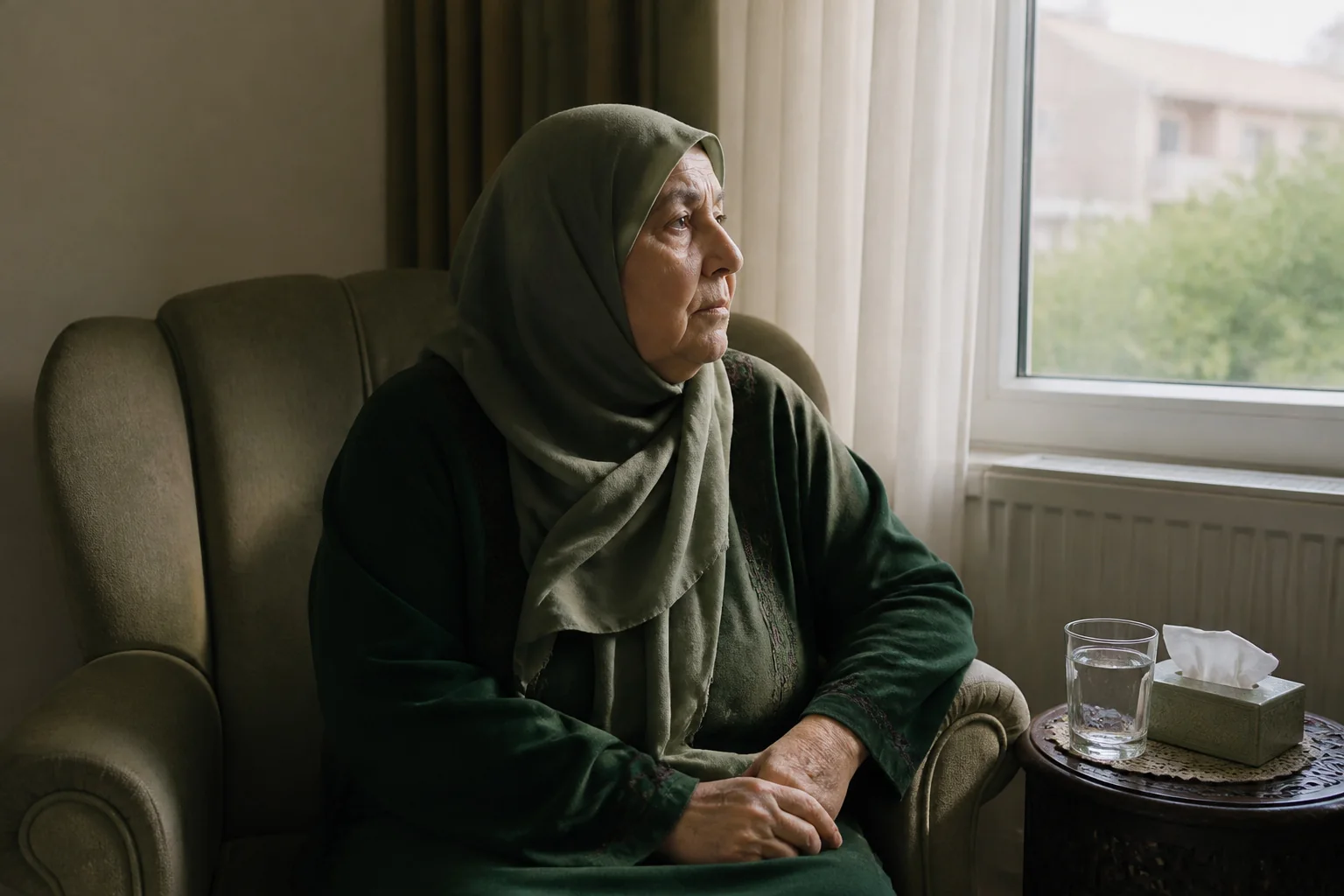 Pencerenin önünde rahat bir koltuk ve yanındaki sehpada bir bardak su ile bir kutu mendil